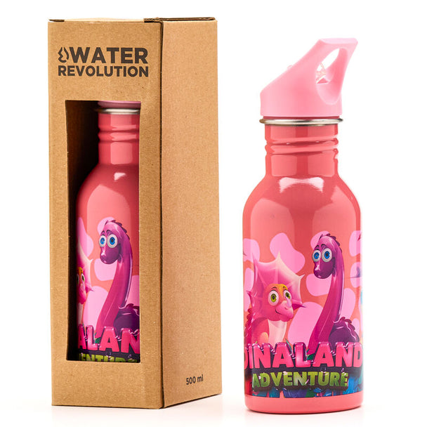 Vue rapprochée de la gourde Water Revolution Dinaland montrant sa finition en acier inoxydable et sa taille compacte