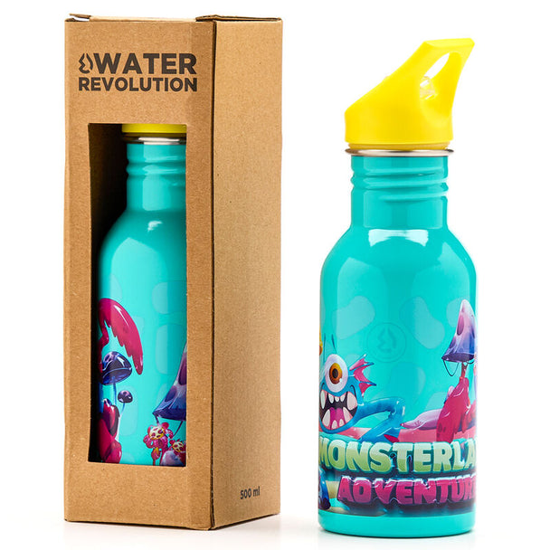 Vue rapprochée de la bouteille Monsterland 500ml montrant sa finition acier inoxydable et ses dimensions compactes
