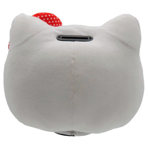 Vue latérale de la tirelire Hello Kitty en peluche, illustrant sa taille compacte et sa texture douce et moelleuse