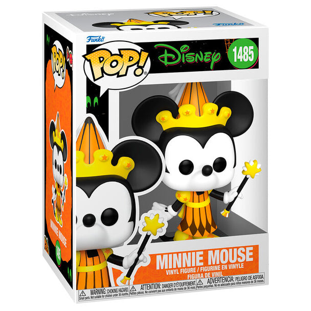 Figurine Funko POP Minnie Mouse Halloween en vinyle de 9 cm avec costume orange et noir, présentée dans sa boîte cadeau.