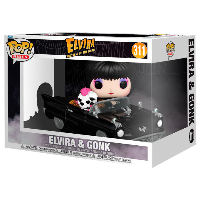 Figurine POP Rides Deluxe de FUNKO représentant Elvira Mistress of the Dark avec sa robe noire iconique et maquillage gothique