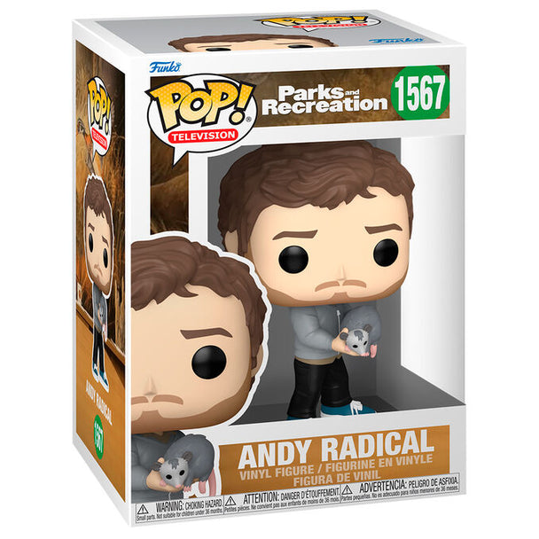 Figurine Funko POP Andy Radical de Parks and Recreation en vinyle de 9cm dans sa boîte cadeau