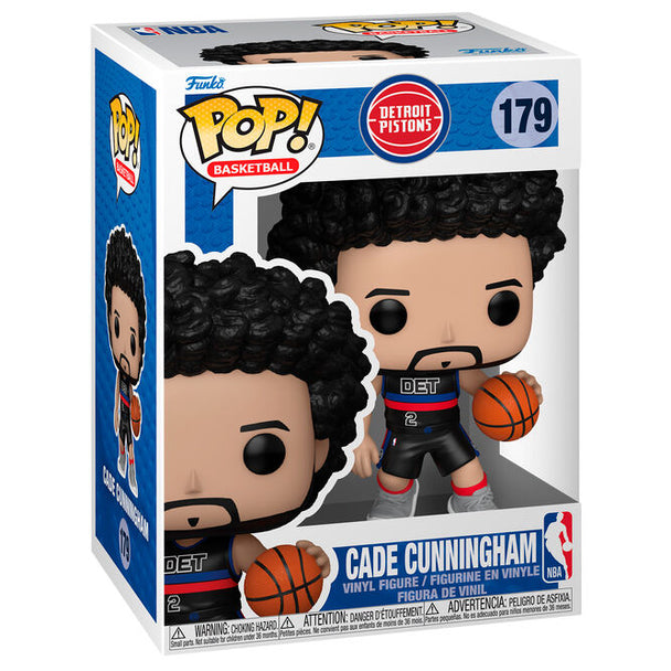 Figurine Funko POP Cade Cunningham en vinyle de 9 cm avec maillot Detroit Pistons, présentée dans sa boîte cadeau officielle.