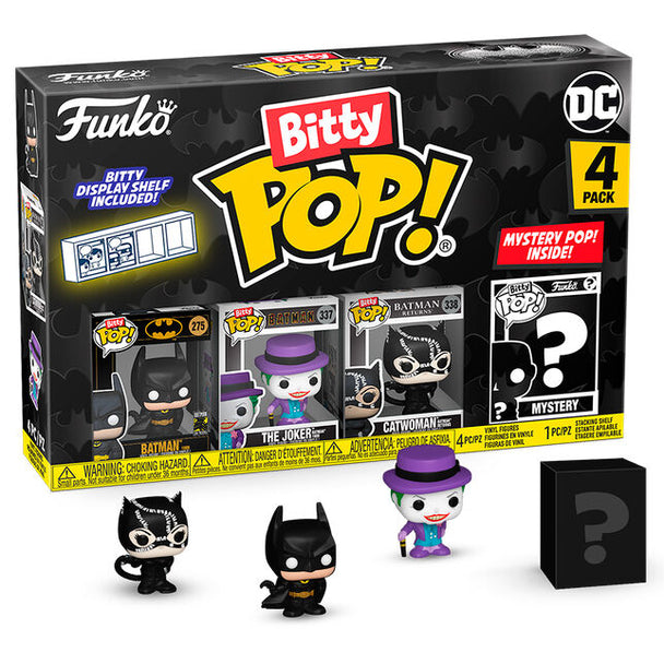 Blister contenant 4 figurines Bitty POP Batman 85e Anniversaire en coffret acrylique rigide
