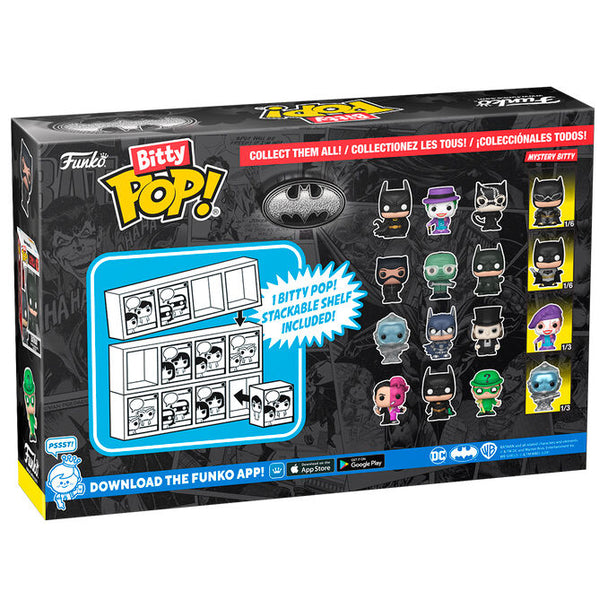 Vue rapprochée des figurines Bitty POP Batman 85e Anniversaire avec socles détachables en acrylique