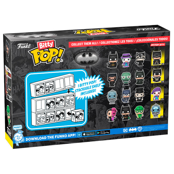Vue rapprochée des figurines Bitty POP Batman 85e Anniversaire avec socles détachables en acrylique