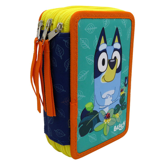 Vue d'ensemble de la trousse triple Bluey Leaves avec ses trois compartiments ouverts et le contenu coloré visible