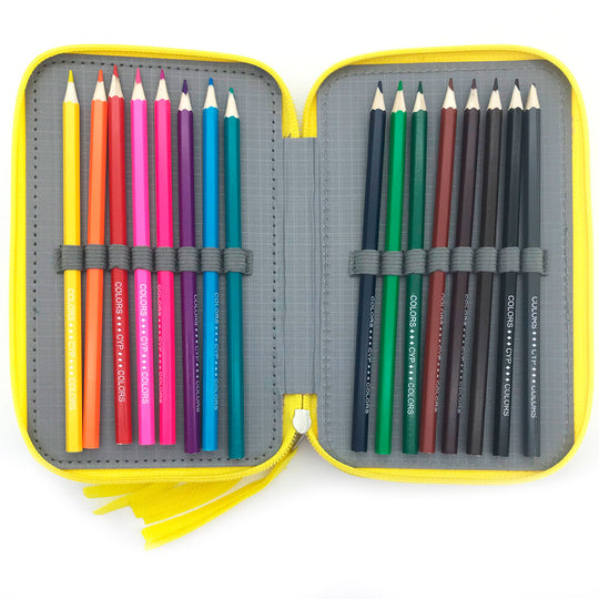 Gros plan sur les 16 crayons de couleur et 16 feutres disposés dans la trousse triple Bluey Leaves