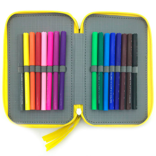 Trousse triple Pokémon fermée avec motifs Pokémon, idéale pour l'école et les loisirs