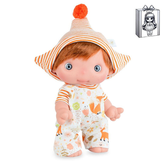Poupée Piu Doll 25cm de MARINA & PAU avec corps en vinyle, présentée dans sa boîte pour enfants dès 3 ans.