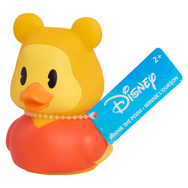 Canard en caoutchouc Disney bleu avec lunettes de soleil, posé sur fond blanc