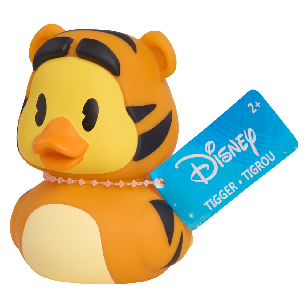 Canard en caoutchouc Disney rouge avec tenue de pirate, détail du visage souriant