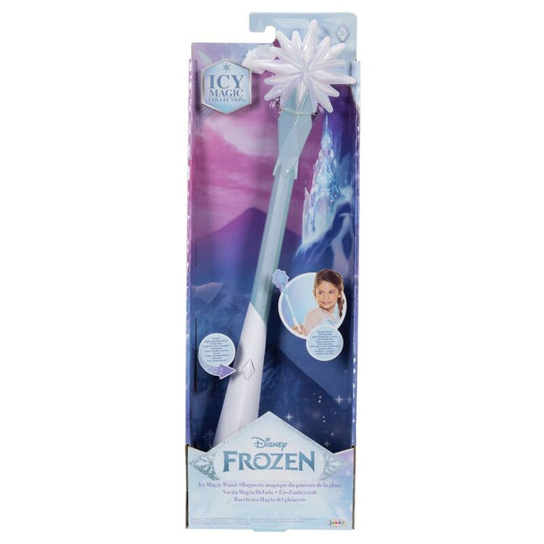 Baguette magique Disney Frozen avec effet lumineux allumée sur fond blanc