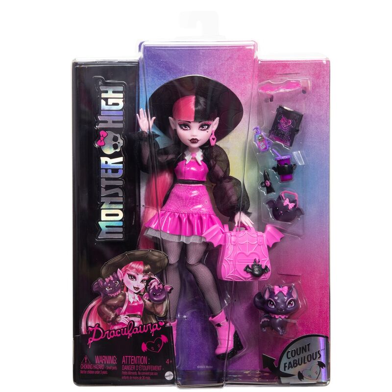Poupée Draculaura Monster High en tenue rose avec cheveux noirs et roses en gros plan