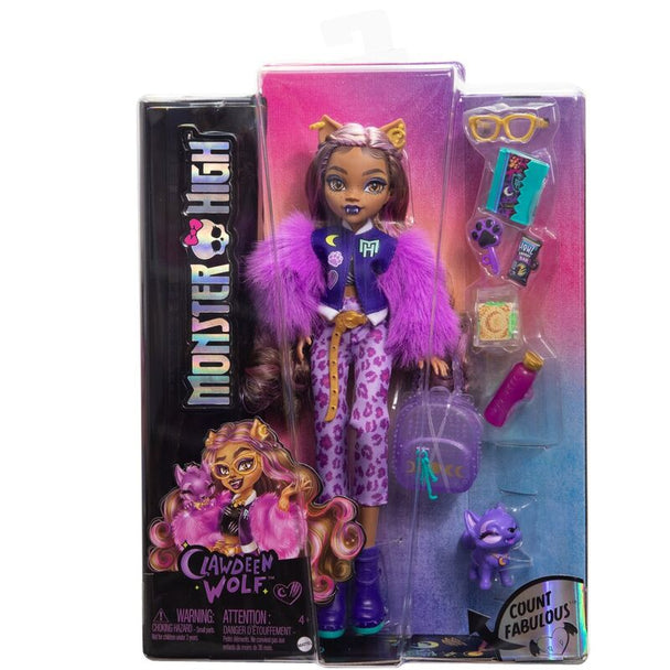 Poupée Monster High Clawdeen Wolf en tenue violette avec cheveux bouclés et oreilles de loup