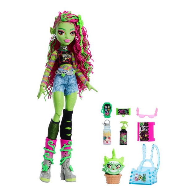 Poupée Monster High Venus McFlytrap articulée avec son sac à dos coloré et accessoires variés