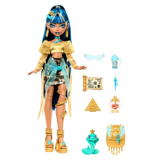 Cleo de Nile posant avec son cobra Hissette, compagnon emblématique de la collection Monster High