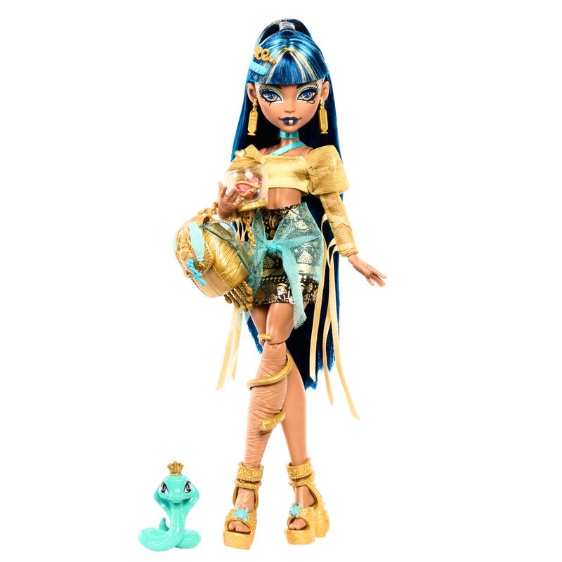 Vue rapprochée de la poupée Cleo de Nile montrant les détails soignés du visage et des vêtements