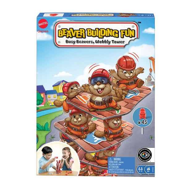 Boîte du jeu Beaver Building de MATTEL avec illustrations colorées et thème castor pour enfants