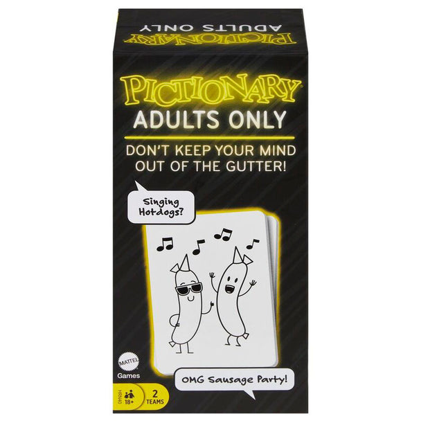 Boîte du jeu de société Pictionary adulte en espagnol de MATTEL avec illustrations colorées
