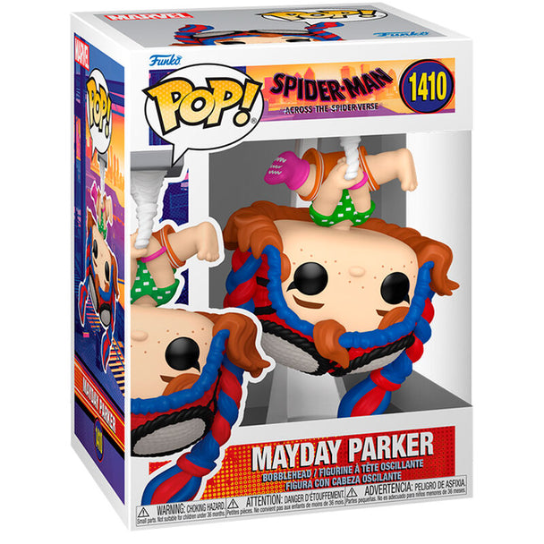 Figurine Funko POP de Mayday Parker en vinyle de 9 cm inspirée de Spider-Man Across the Spider-Verse, présentée dans sa boîte cadeau.