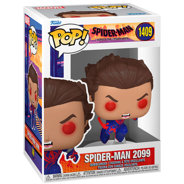 Figurine Funko POP Spider-Man 2099 en vinyle de 9 cm avec costume bleu et rouge, vue de face dans sa boîte cadeau Marvel