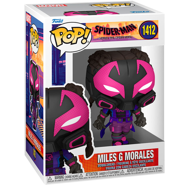 Packaging officiel de la figurine Funko POP Miles Morales Spiderman Across the Spider-Verse, boîte cadeau avec logo FUNKO et illustrations colorées