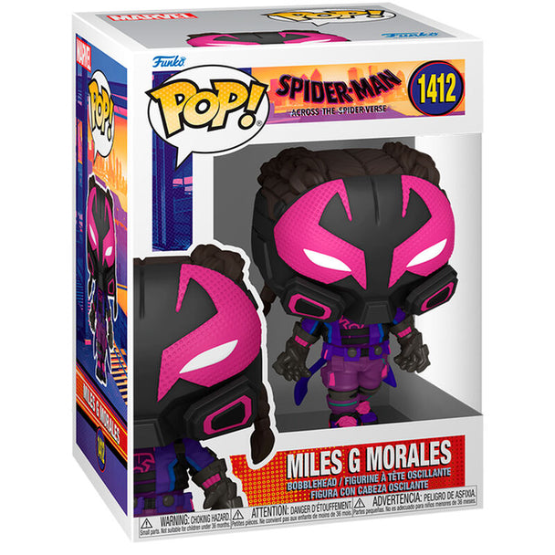 Packaging officiel de la figurine Funko POP Miles Morales Spiderman Across the Spider-Verse, boîte cadeau avec logo FUNKO et illustrations colorées