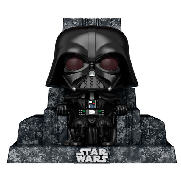Vue rapprochée de la figurine POP Darth Vader sur trône, mettant en avant les détails du casque et de la cape