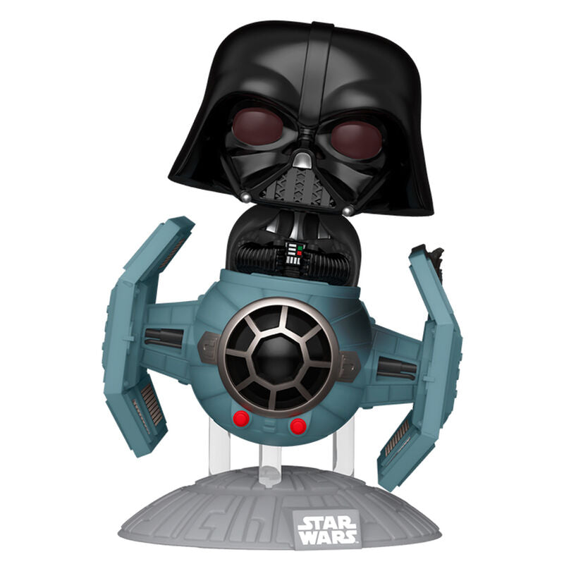 Vue détaillée du Tie Advanced Starfighter associé à la figurine POP Deluxe de Darth Vader, montrant les ailes et cockpit caractéristiques.