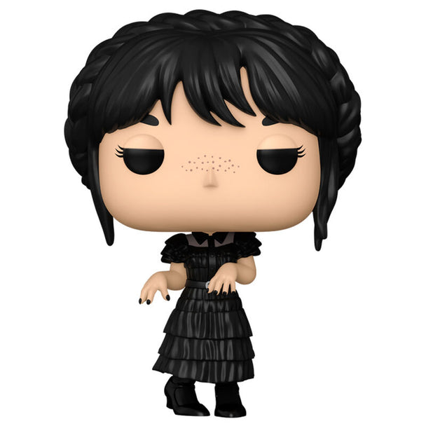Vue rapprochée de la figurine Funko POP Wednesday Addams montrant les détails gothiques et la finition soignée