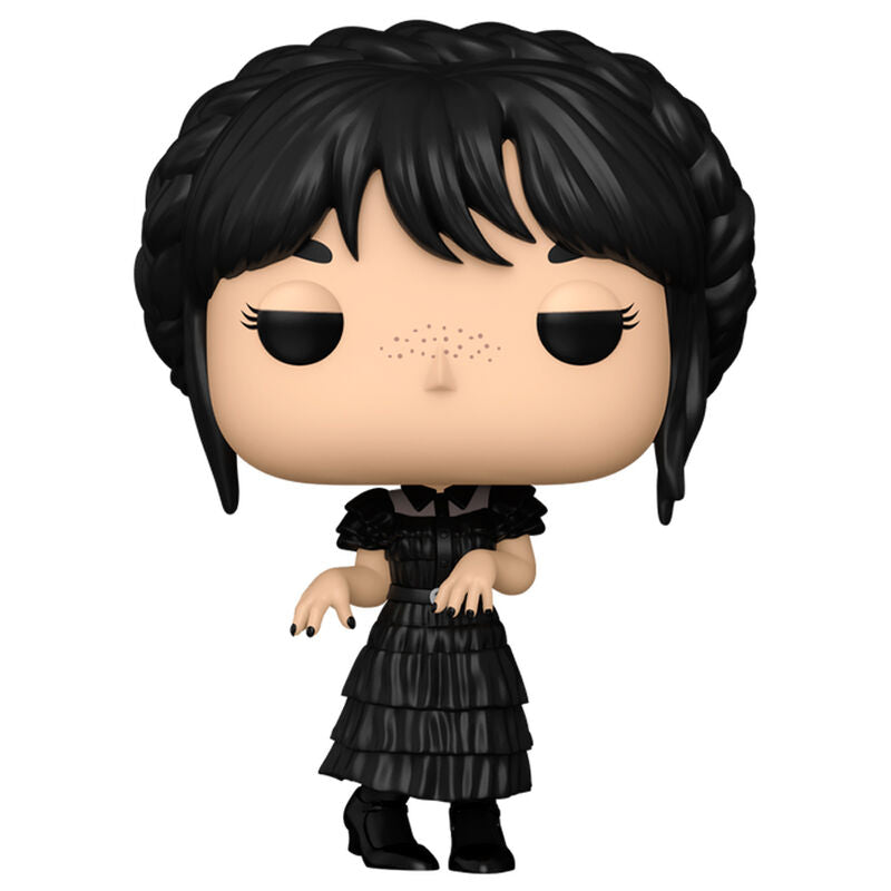 Vue rapprochée de la figurine Funko POP Wednesday Addams montrant les détails gothiques et la finition soignée