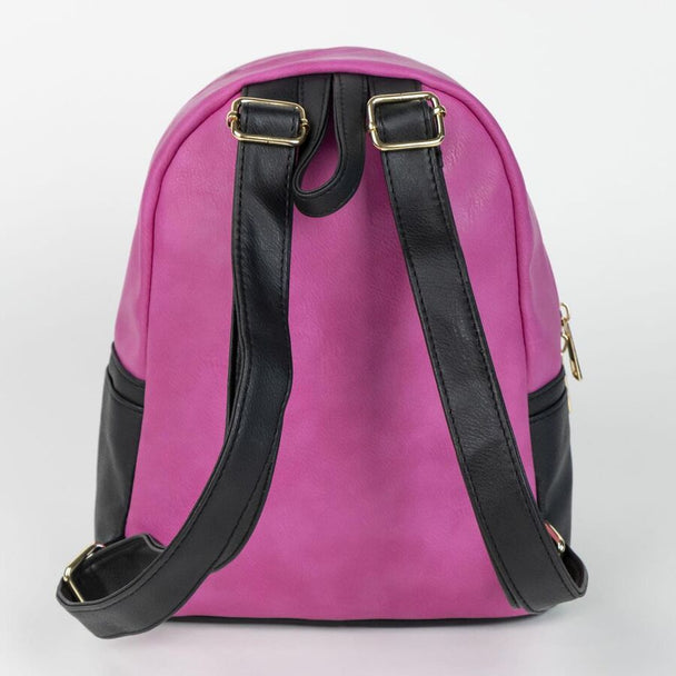 Détail du cuir synthétique rose et violet sur le sac à dos casual CERDÁ édition Cheshire Cat