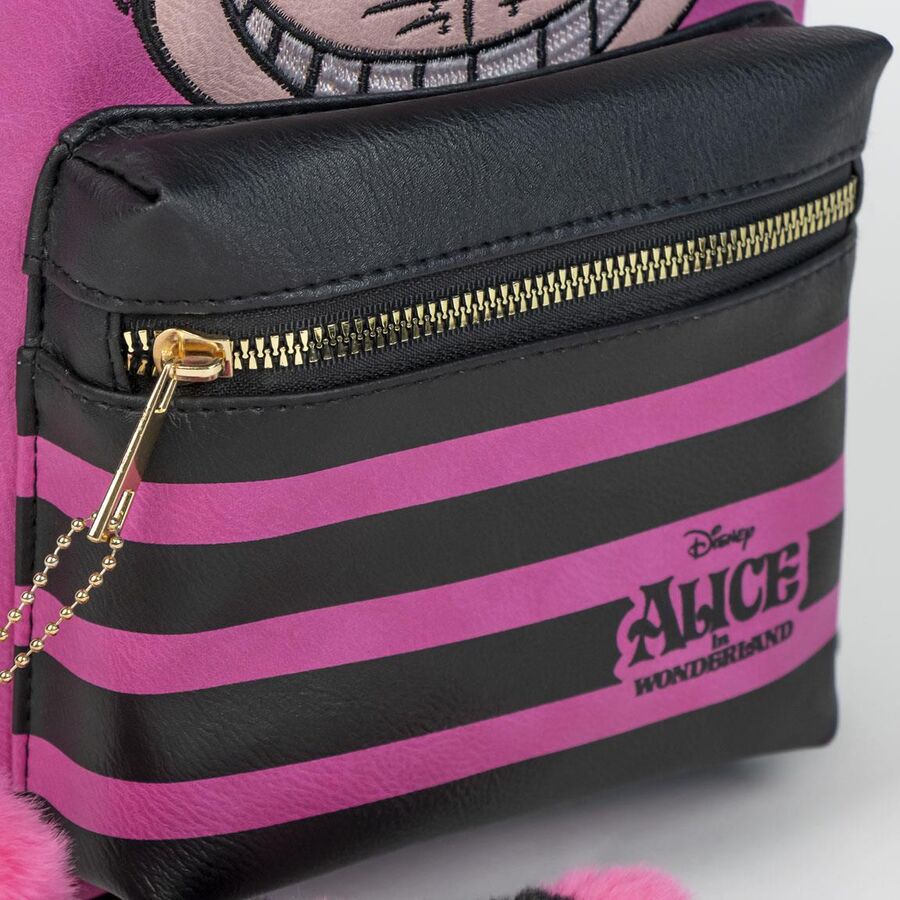 Vue latérale montrant la fermeture zippée résistante du sac à dos Disney Cheshire