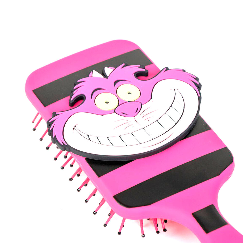 Ensemble de quatre images montrant différents angles de la brosse à cheveux Cheshire de CERDÁ, parfaite pour les fans Disney