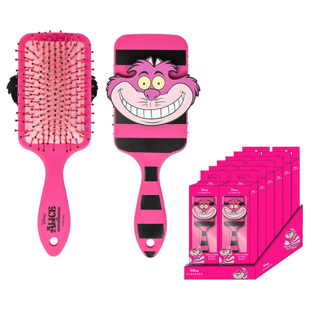 Vue rapprochée de la brosse à cheveux Cheshire avec illustration colorée du chat souriant d'Alice au Pays des Merveilles