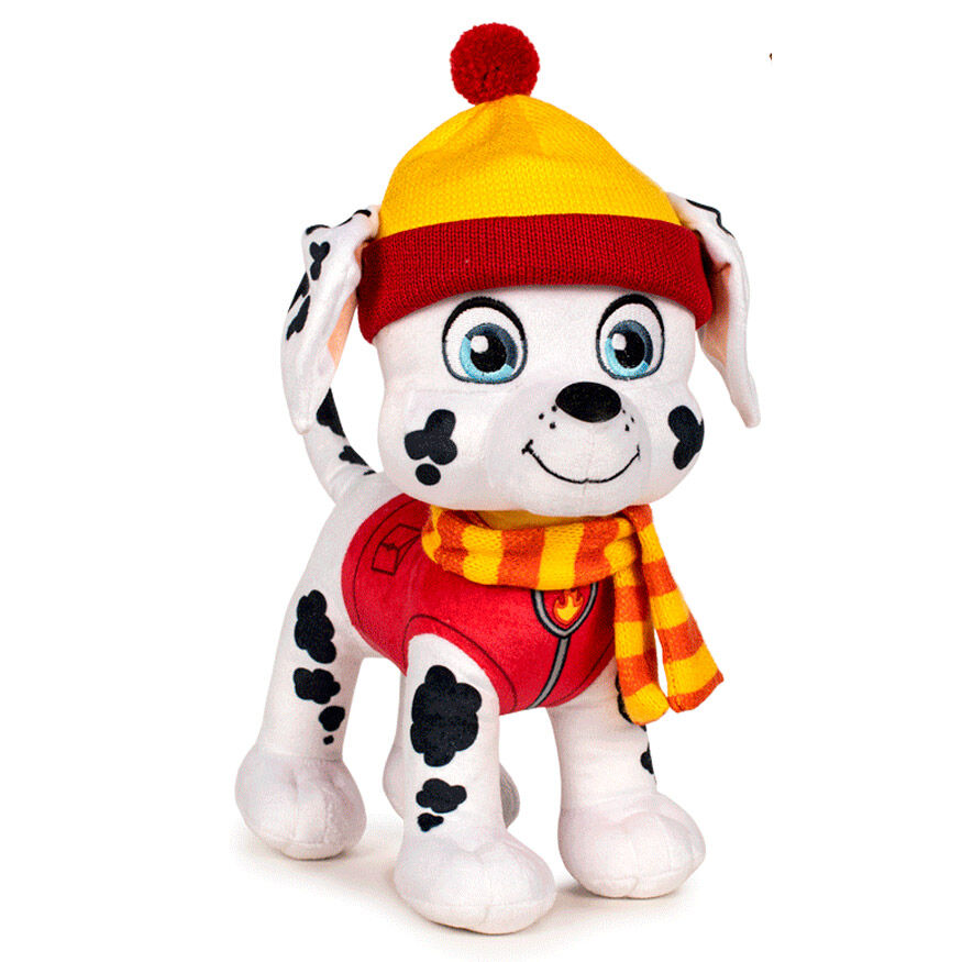 Peluche Marshall Paw Patrol édition hiver de 27 cm, marque PLAY BY PLAY, vue de face avec détails hivernaux.