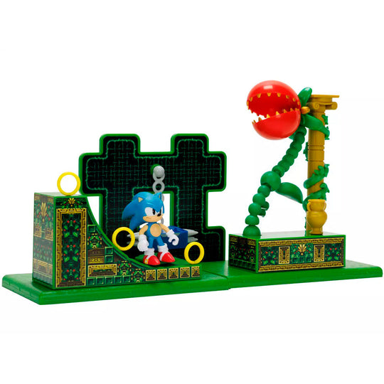 Vue rapprochée des mécanismes et rampes du playset Sonic Stardust Speedway Zone