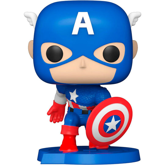 Figurine Funko POP Captain America en tenue classique des Avengers Marvel, vue de face avec détails précis.