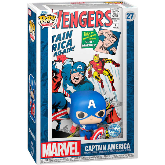 Packaging officiel de la figurine Funko POP Captain America Avengers Marvel avec illustration de couverture de comic.