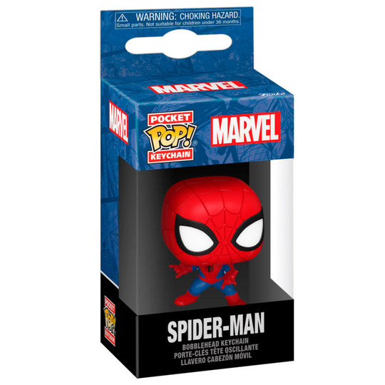 Porte-clés Pocket POP Spider-Man Marvel FUNKO en gros plan sur fond blanc montrant les détails de la figurine miniature