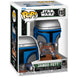 Figurine Funko POP de Jango Fett en vinyle de 9 cm avec son casque et armure détaillés, vue de face.