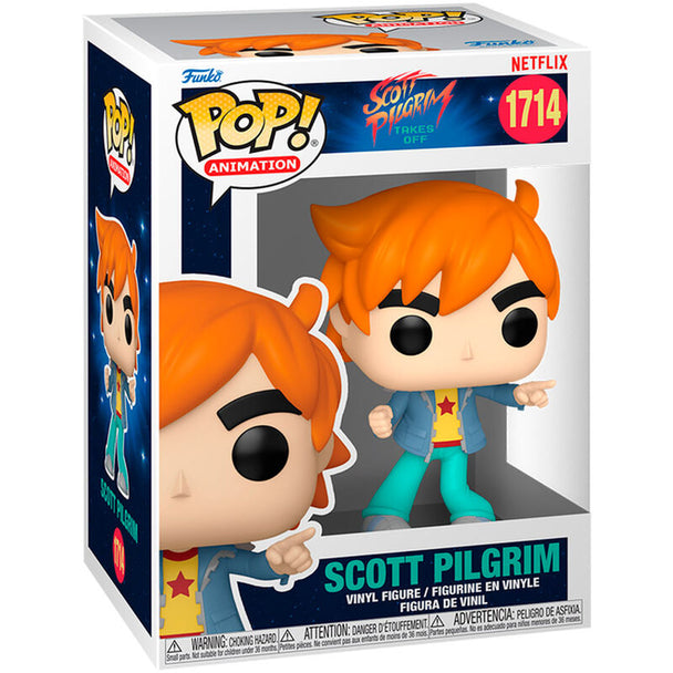 Figurine Funko POP Scott Pilgrim Takes Off en vinyle de 9 cm dans sa boîte cadeau, vue de face avec détails précis du visage et costume.