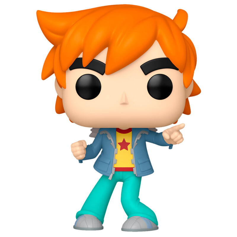 Vue latérale de la figurine Funko POP Scott Pilgrim Takes Off montrant le design coloré et la boîte collector originale.
