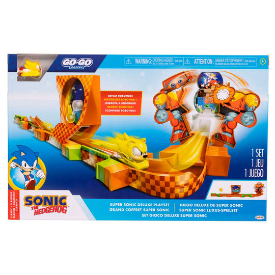 Vue d'ensemble du Sonic Go Go Racers Deluxe Playset avec véhicules et piste