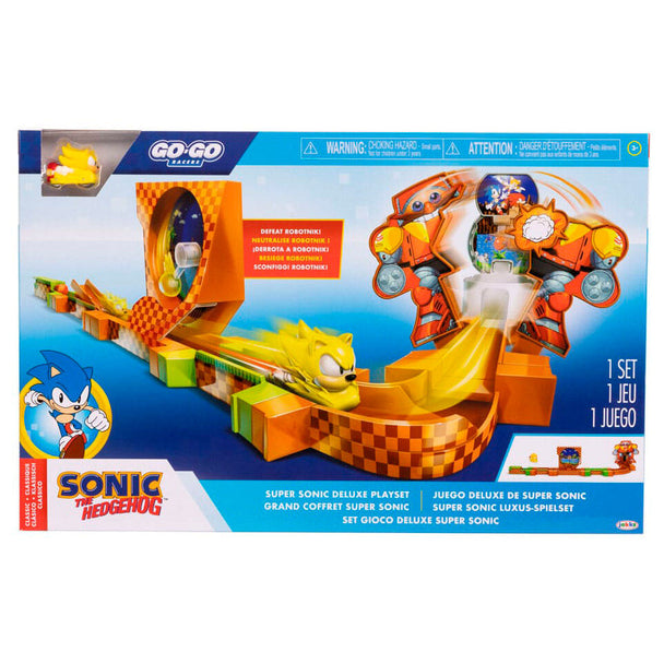 Vue d'ensemble du Sonic Go Go Racers Deluxe Playset avec véhicules et piste