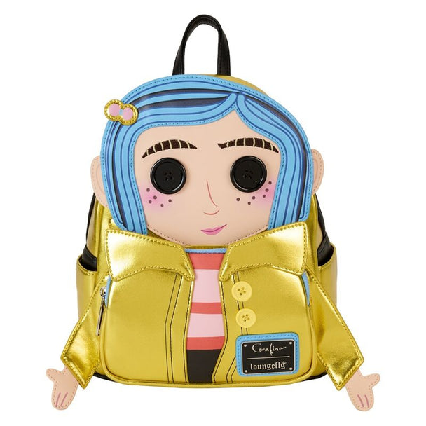 Sac à dos Loungefly Coraline en simili cuir doré vegan avec détails brodés et appliqués, vue de face