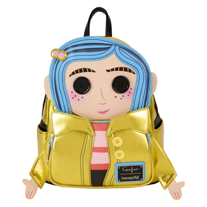 Sac à dos Loungefly Coraline en simili cuir doré vegan avec détails brodés et appliqués, vue de face