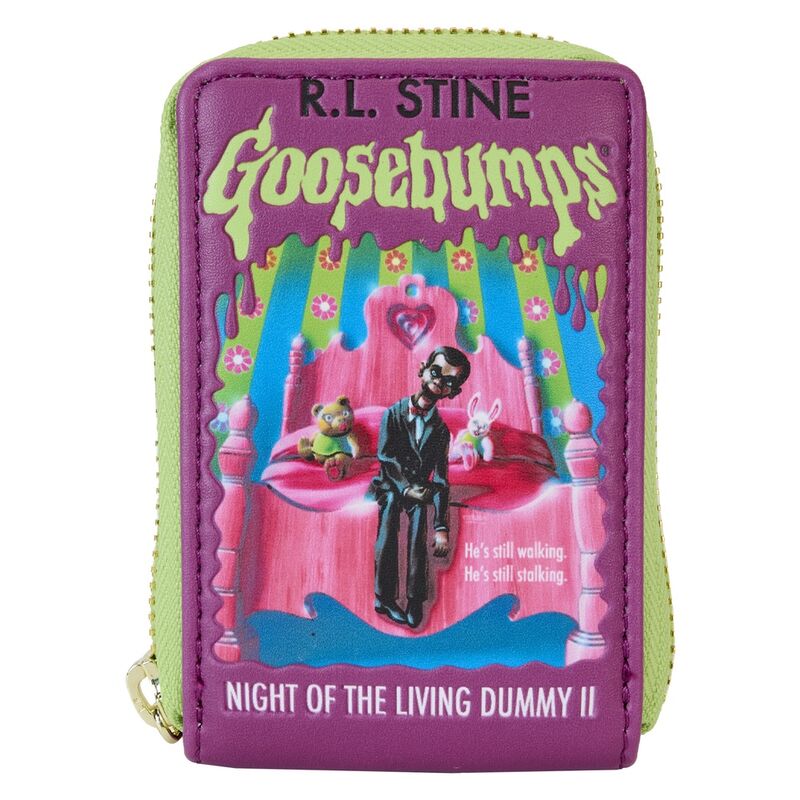 Portefeuille Loungefly Goosebumps Night of the Living Dummy vue avant avec détails embossés et fermeture éclair dorée