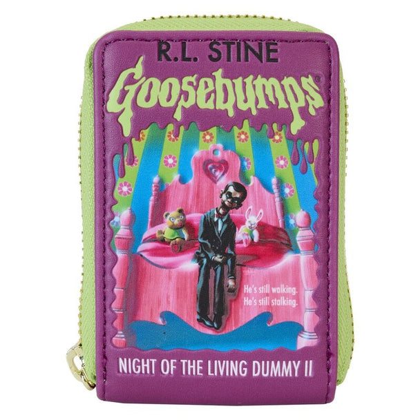 Portefeuille Loungefly Goosebumps Night of the Living Dummy vue avant avec détails embossés et fermeture éclair dorée